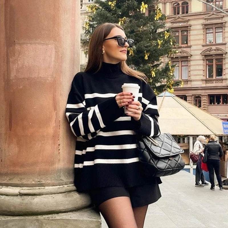 Wjczt Winter Black And White Stripe Sweater Women Streetwear Loose Pullover Jumper Tops Female Long Sleeve Turtleneck Knitted Sweaters Collared Crew Neck Turtle Neck Wjczt Winter Black And White Stripe Sweater Women Streetwear Loose Pullover Jumper Tops Female Long Sleeve Turtleneck Knitted Sweaters Collared Crew Neck Turtle Neck