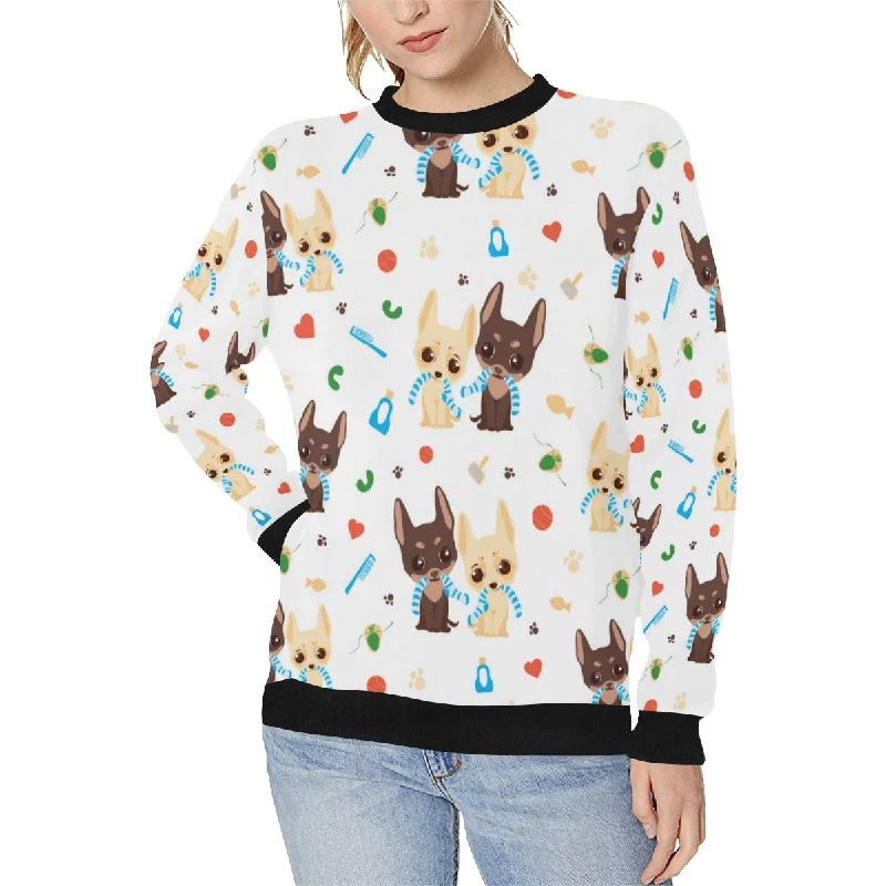 Cute Chihuahua dog pattern Women's Crew Neck Sweatshirt Hoodie with Exposed Zipper Edgy Industrial Cute Chihuahua dog pattern Women's Crew Neck Sweatshirt Hoodie with Exposed Zipper Edgy Industrial
