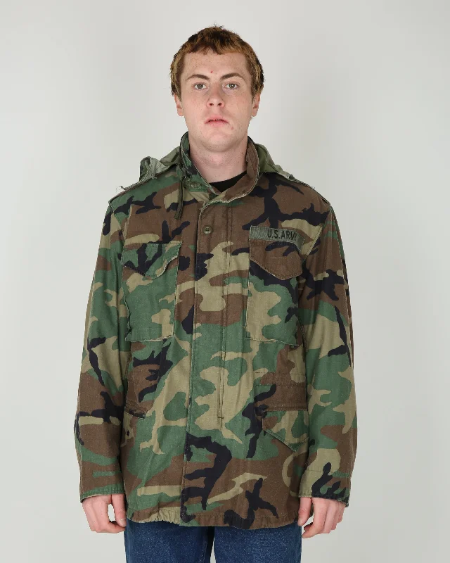 1999 Vintage US Army M81 Woodland Camouflage M-65 Field Jacket - Medium / Regular Notch Collar Peter Pan Collar Cowl Neck