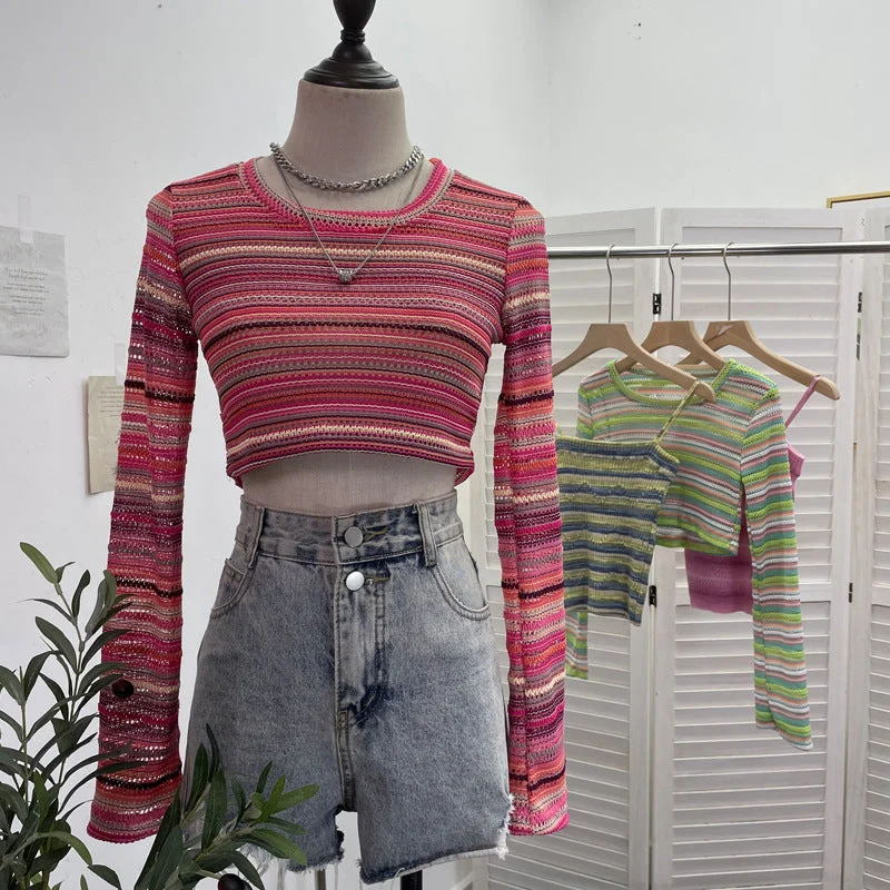 Wjczt outfit inspo fall Sweet Cool Hot Girl Retro Striped Contrast Color Short Hollow Long Sleeve Sweater Top Women's T-shirt Blouse 8869 Fitted Slim Tailored Wjczt outfit inspo fall Sweet Cool Hot Girl Retro Striped Contrast Color Short Hollow Long Sleeve Sweater Top Women's T-shirt Blouse 8869 Fitted Slim Tailored