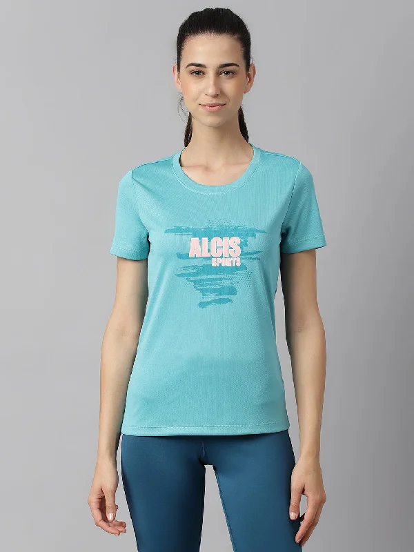 Alcis Women Printed Sea Green Anti-Static Slim-Fit Round Neck Training T-Shirt Silk Blend Satin Velvet Alcis Women Printed Sea Green Anti-Static Slim-Fit Round Neck Training T-Shirt Silk Blend Satin Velvet