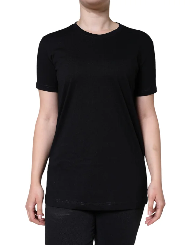 Black Cotton Crew Neck Short Sleeve T-shirt Zippered Front Buttoned Front Snap Front Black Cotton Crew Neck Short Sleeve T-shirt Zippered Front Buttoned Front Snap Front