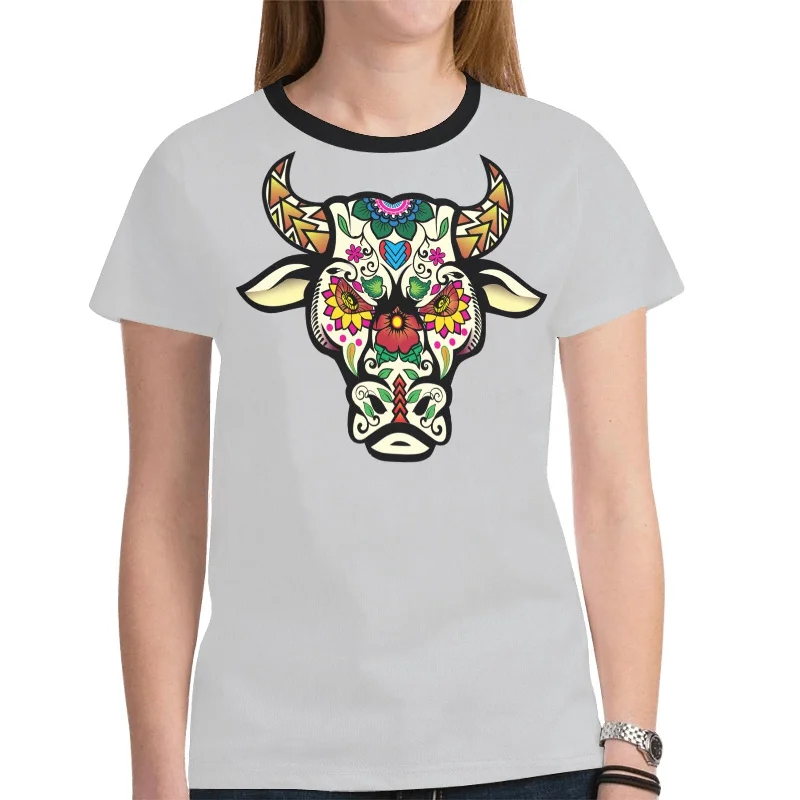Bull Spirit Guide (Gray) T-shirt for Women Graphic T-Shirt Round Neck Polyester
