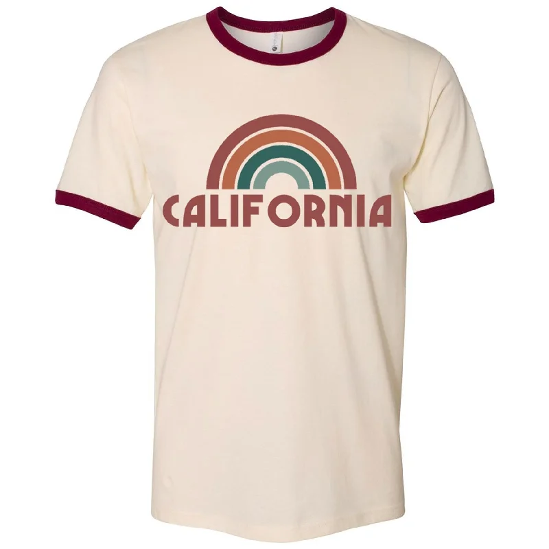 California Rainbow Maroon Ringer Tee Ribbed Striped Patterned