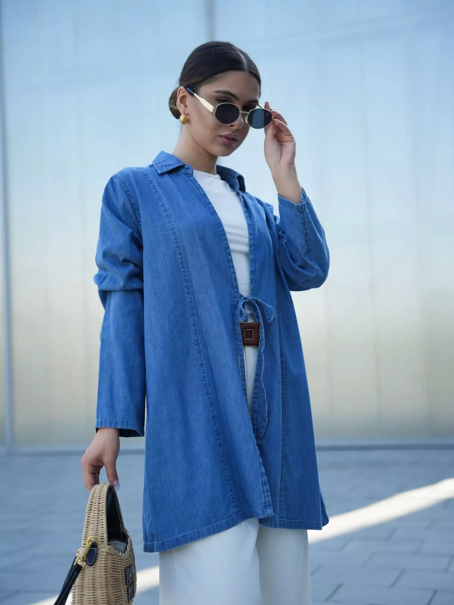 Denim Bow Shirt Ribbed Striped Patterned