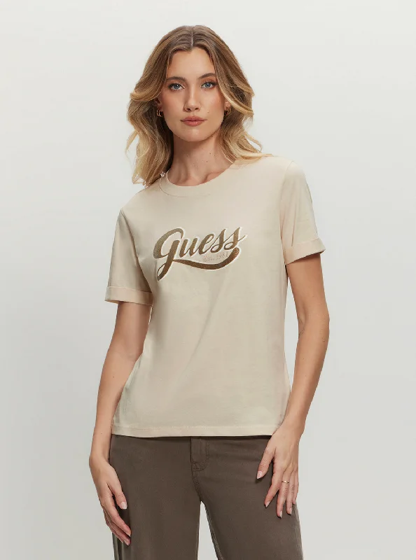 Eco Beige Glittery Logo T-Shirt Thin T-Shirt Open Front Quick Dry