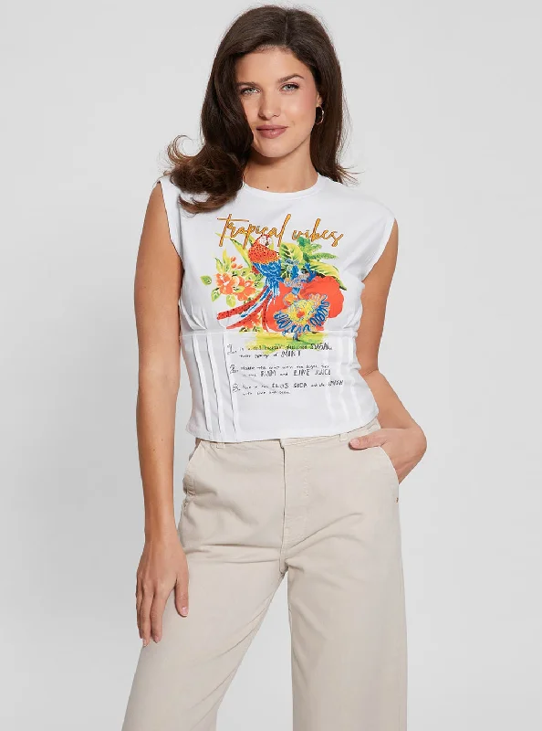 Eco White Tropical Vibes Corset T-Shirt Welt Pockets Slit Pockets