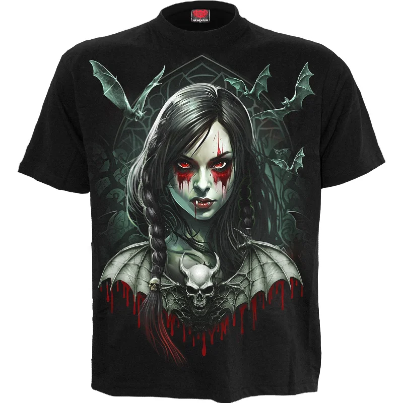 HALLOW'S EVE  - Front Print T-Shirt Black Satin Fabric Silk Fabric Chiffon Fabric