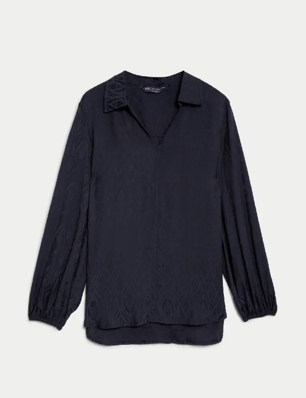 Jacquard Collared Relaxed Shirt Seamless Knitted Crochet