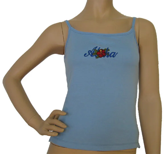 K9-SP533EA (Baby Blue Embroidery Aloha), 100% Knit Cotton Single strap Tank Top slim fit tank K9-SP533EA (Baby Blue Embroidery Aloha), 100% Knit Cotton Single strap Tank Top slim fit tank