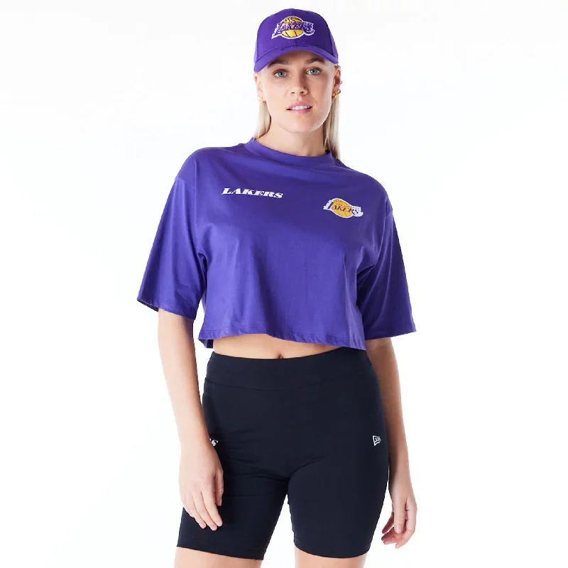 LA Lakers Womens NBA Team Logo Wordmark Purple Crop T-Shirt Houndstooth Herringbone Solid