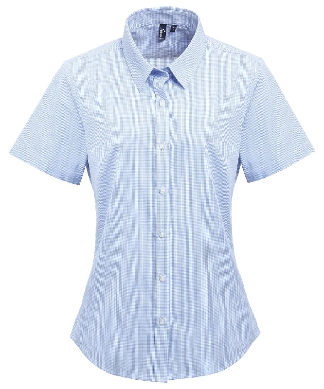 Light Blue/White - Women's Microcheck (Gingham) short sleeve cotton shirt Fleece Fabric Down Fabric Feather Fabric Light Blue/White - Women's Microcheck (Gingham) short sleeve cotton shirt Fleece Fabric Down Fabric Feather Fabric