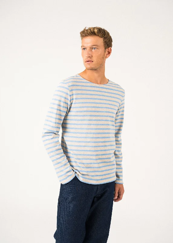 MERIDIEN MODERNE - Original Breton Shirt | Heavyweight Cotton | Men Fit (OATMEAL / OXYGEN BLUE) Houndstooth Herringbone Solid MERIDIEN MODERNE - Original Breton Shirt | Heavyweight Cotton | Men Fit (OATMEAL / OXYGEN BLUE) Houndstooth Herringbone Solid