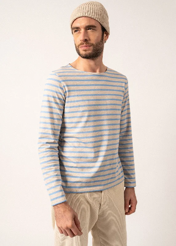 MINQUIERS MODERN - Authentic Breton Stripe Shirt | Soft Cotton | Men Fit (OATMEAL / OXYGEN BLUE) Collared Crew Neck Turtle Neck MINQUIERS MODERN - Authentic Breton Stripe Shirt | Soft Cotton | Men Fit (OATMEAL / OXYGEN BLUE) Collared Crew Neck Turtle Neck