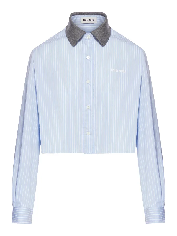 STRIPED COTTON SHIRT WITH CONTRAST COLLAR Spandex Blend Rayon Blend Denim Blend