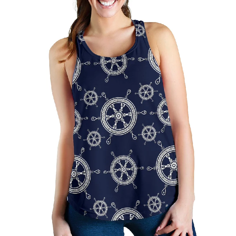 nautical steering wheel design pattern Women Racerback Tank Top white tank top
