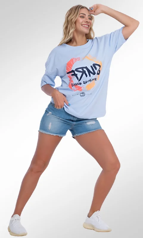 Over Size Women T-Shirt SURF (Baby Blue) Solid Print Embellished