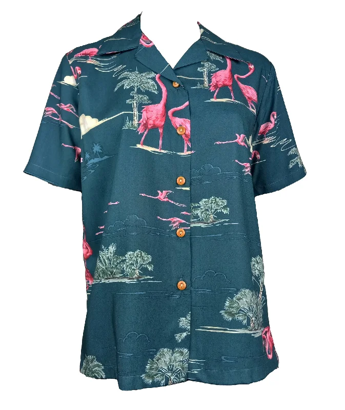 Pink Flamingo Lagoon Women's Hawaiian Camp Shirt Ribbed Striped Patterned