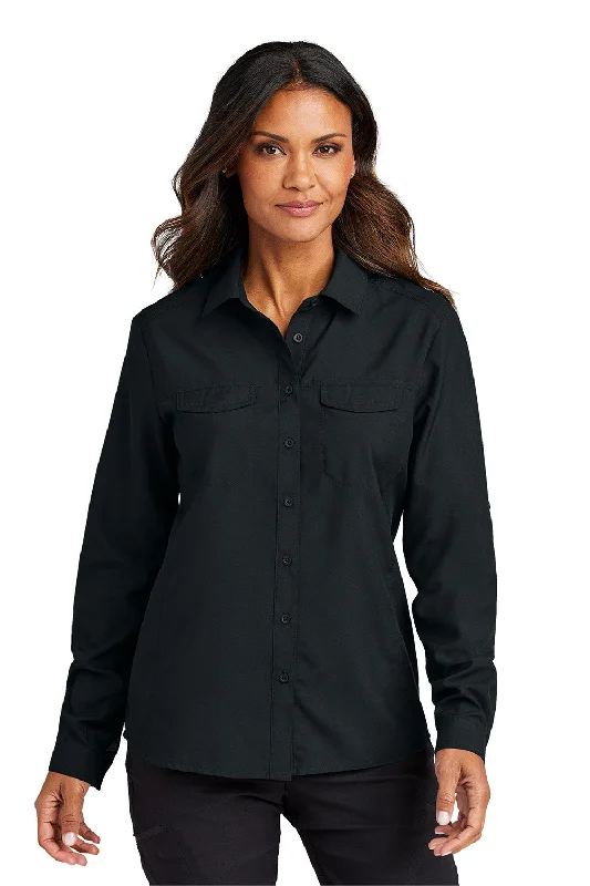 Port Authority Womens Daybreak Moisture Wicking Long Sleeve Button Down Shirt w/ Pockets - Deep Black - New Striped Floral Plaid Port Authority Womens Daybreak Moisture Wicking Long Sleeve Button Down Shirt w/ Pockets - Deep Black - New Striped Floral Plaid