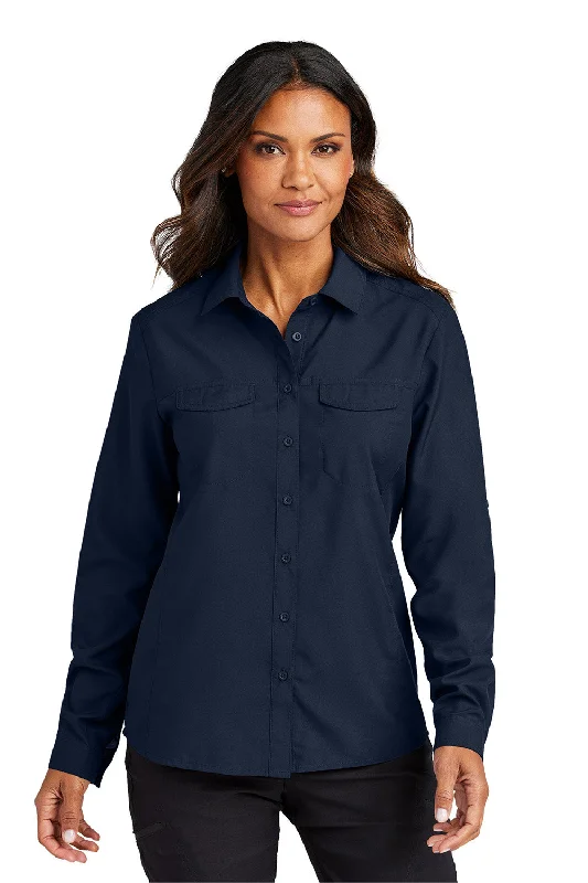 Port Authority Womens Daybreak Moisture Wicking Long Sleeve Button Down Shirt w/ Pockets - True Navy Blue - New Knit Fabric Woven Fabric Fleece Fabric