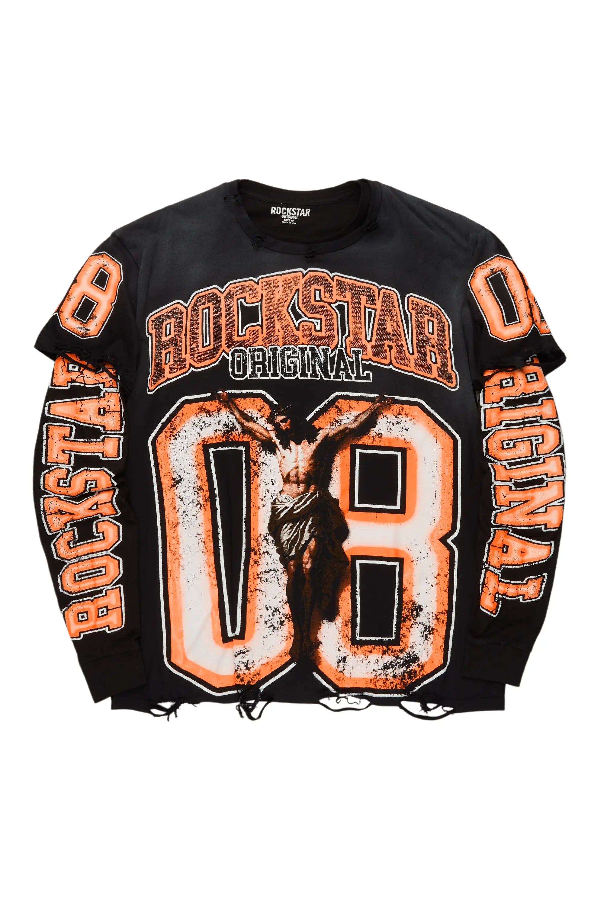 Tariqa Black/Orange Double Layer Graphic T-Shirt Welt Pockets Slit Pockets Flap Pockets