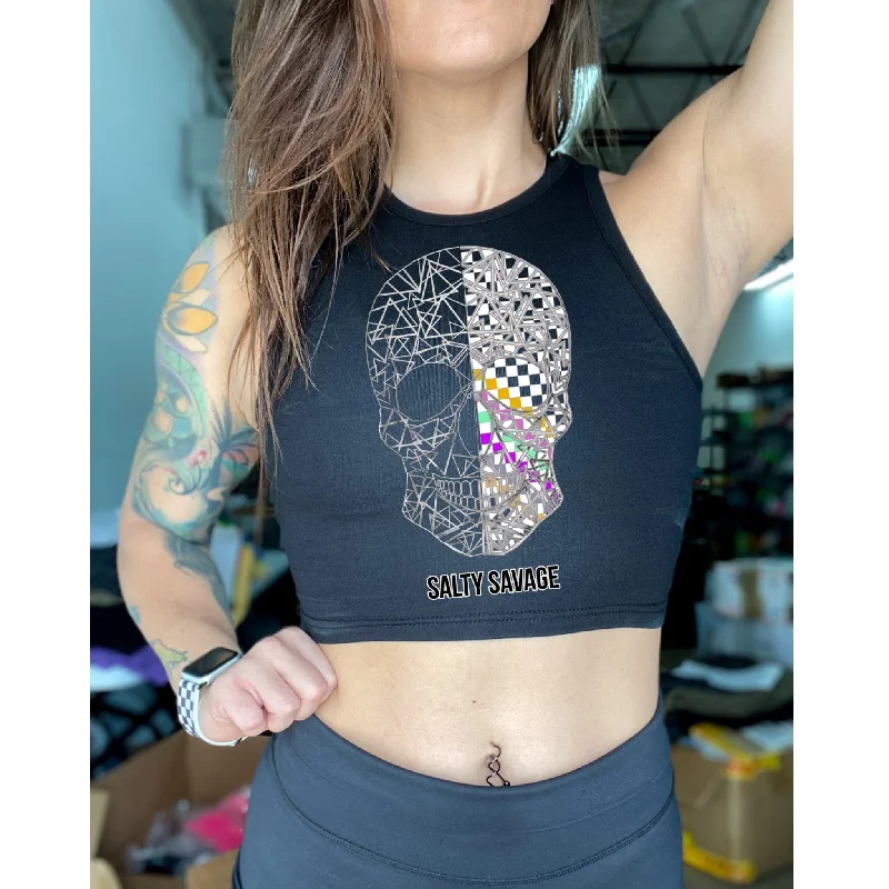 Salty Savage Ladies “Spliced Checkered Geo Skull” High Neck Sleeveless Crop Tank | Multi-Colored open back tank Salty Savage Ladies “Spliced Checkered Geo Skull” High Neck Sleeveless Crop Tank | Multi-Colored open back tank