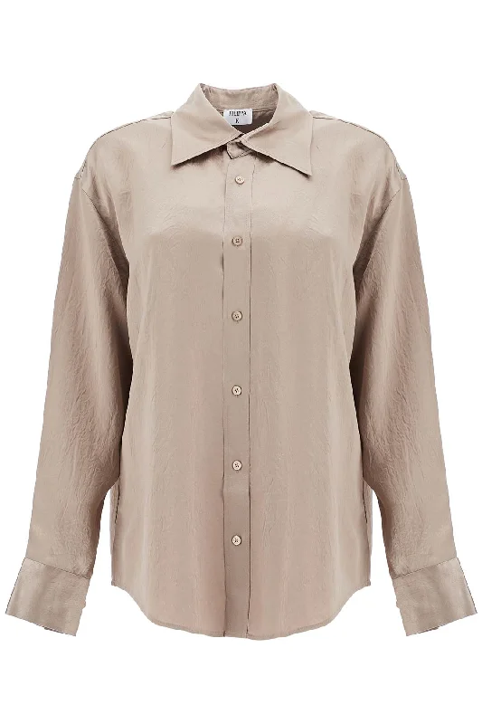 satin ruffled shirt 31327 DARK TAUPE V-Neck T-Shirt Long Sleeve Cotton