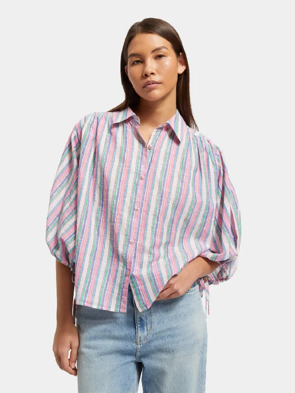 Striped balloon sleeve shirt Lace Blend Ribbed Blend Corduroy Blend