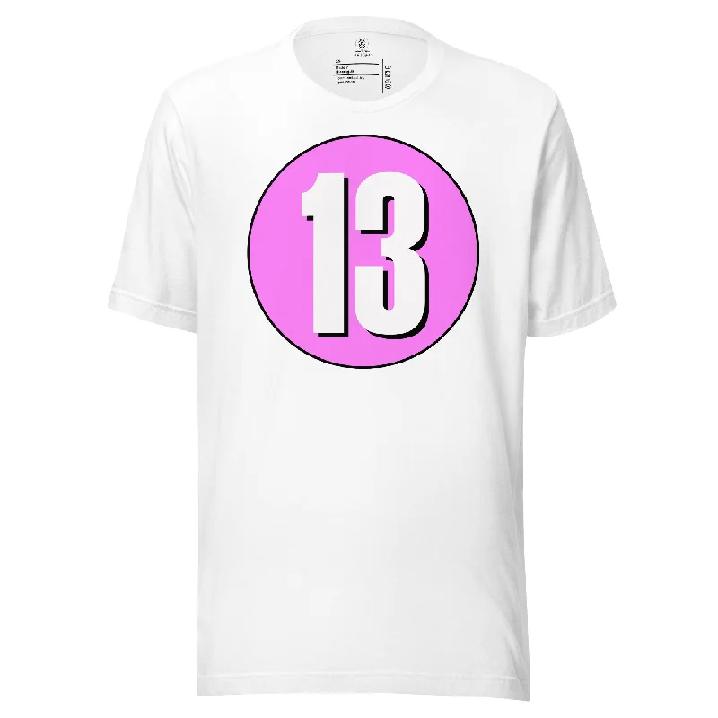 Unisex t-shirt: White on Pink 13 Asymmetrical Pockets Print