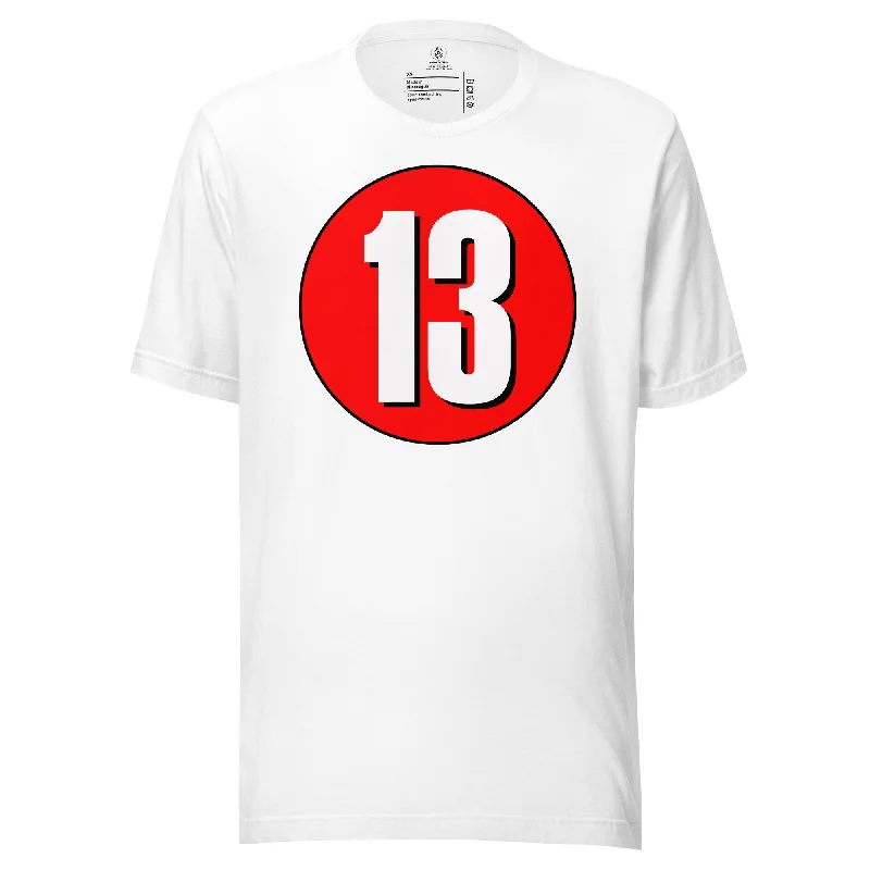 Unisex t-shirt: White on Red 13 Mesh Canvas Denim