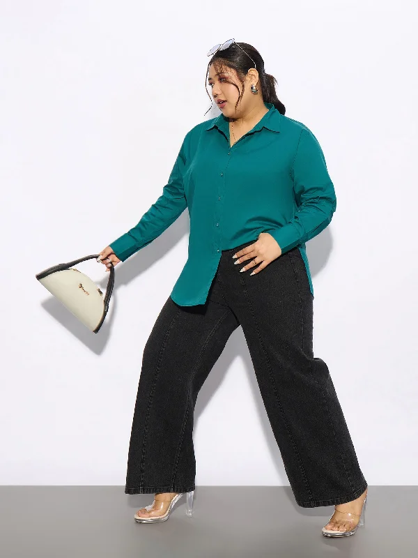 Women Turquoise Blue Poplin Shirt Notch Collar Peter Pan Collar Cowl Neck