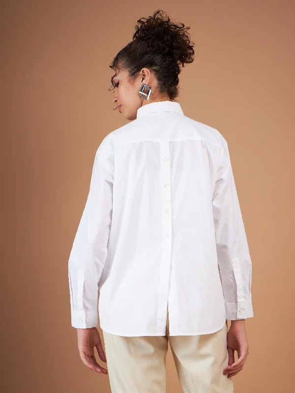 Women White Cotton Poplin Back Placket Shirt Spandex Blend Rayon Blend Denim Blend