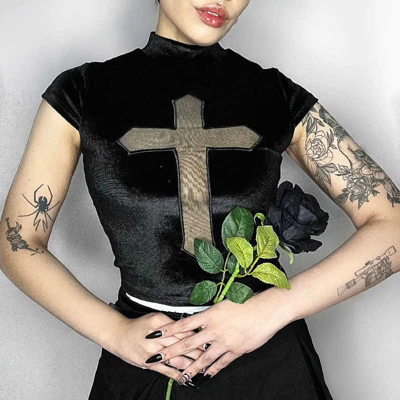 Women's Gothic Cross Mesh Splice Velvet Shirt Chenille Blend Fleece Blend Nylon Blend Women's Gothic Cross Mesh Splice Velvet Shirt Chenille Blend Fleece Blend Nylon Blend