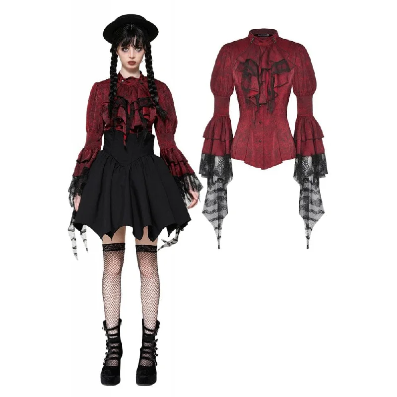 Women's Gothic Frilly Lace Long Sleeved Shirt Red Hooded Caped Shawl Collar