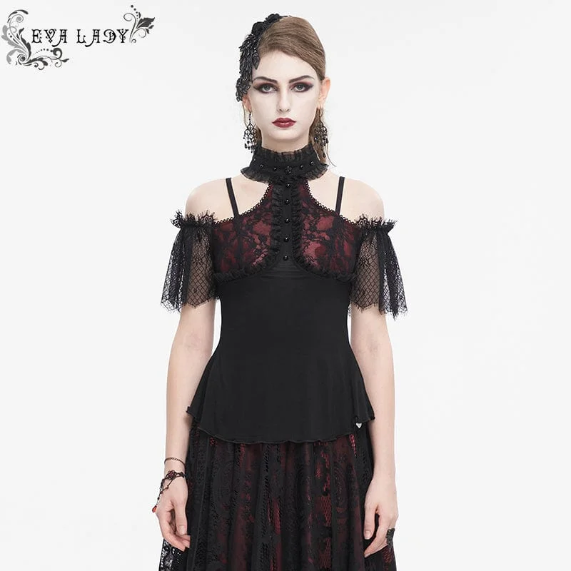 Women's Gothic Off Shoulder Lace Splice Shirt Spandex Blend Rayon Blend Denim Blend