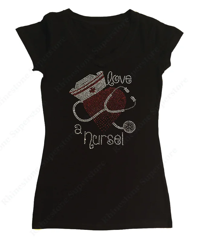 Womens T-shirt with Love a Nurse in Rhinestones Machine Wash Dry Clean Hand Wash