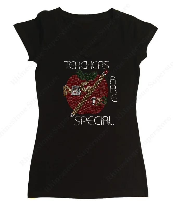 Womens T-shirt with Teacher are Special with Red Apple in Rhinestones Real Fur Shearling Chenille