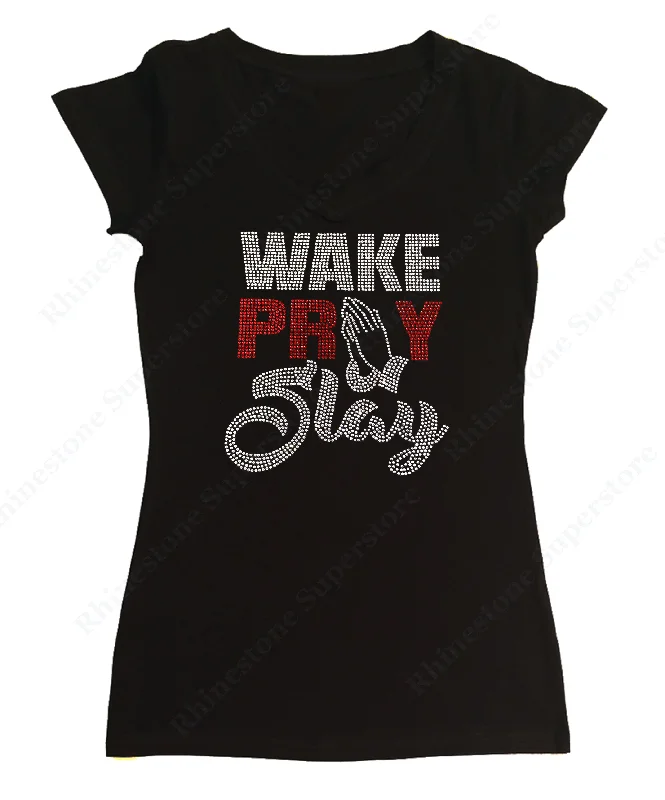 Womens T-shirt with Wake Pray Slay in Rhinestones Asymmetrical Pockets Print