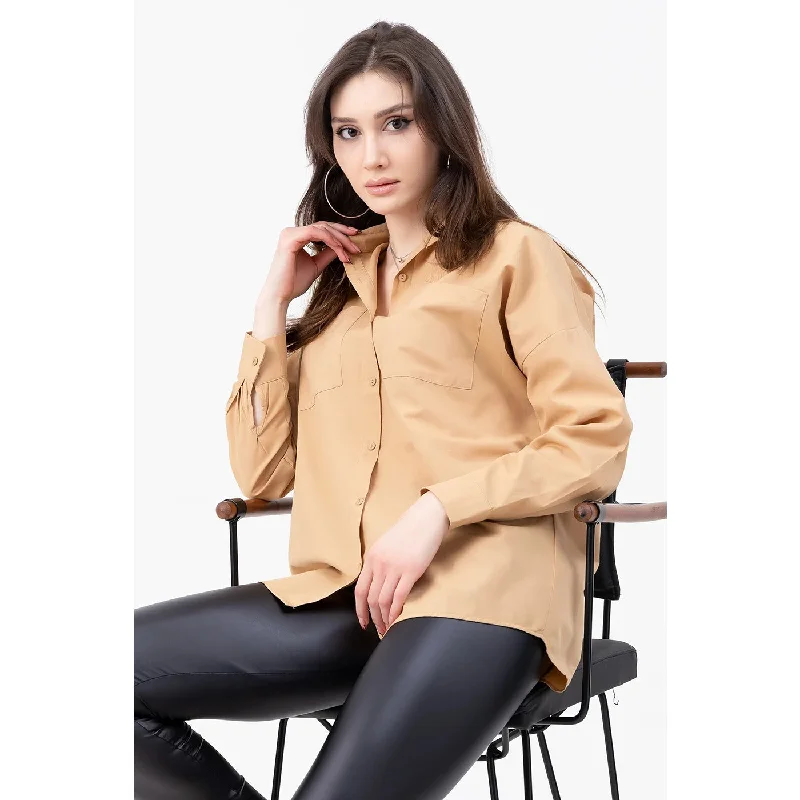 Coffee Oversized Pocket Shirt Front Pockets Side Pockets Patch Pockets