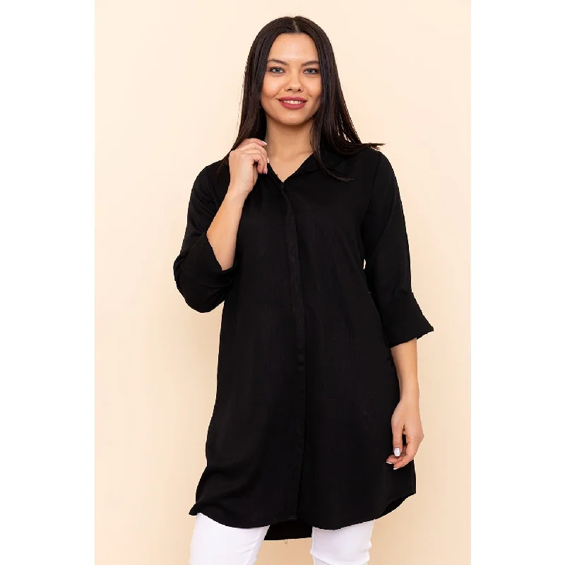 Black Long Shirt Tunic Welt Pockets Slit Pockets Flap Pockets