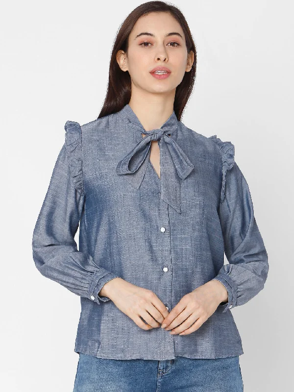 Spykar Regular Fit Blue Cotton Women Shirts Graphic T-Shirt Round Neck Polyester