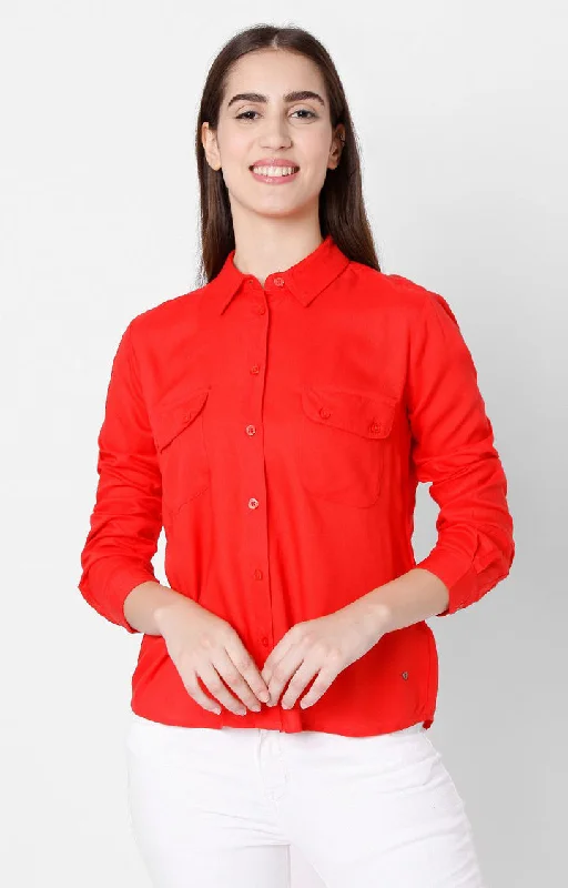 Spykar Regular Fit Red Cotton Women Shirts Knit Fabric Woven Fabric Fleece Fabric