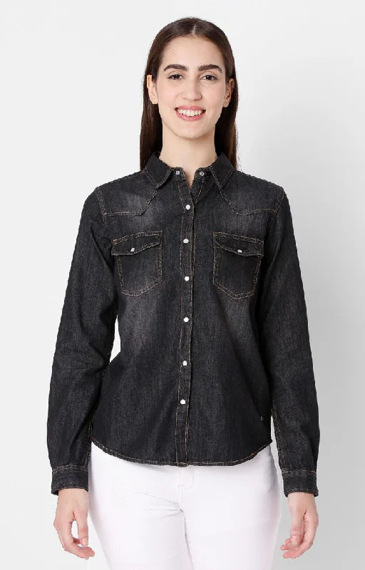 Spykar Regular Fit Black Cotton Women Shirts Spandex Blend Rayon Blend Denim Blend