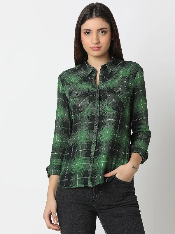 Spykar Forest Green Regular Fit Full Sleeves Shirt For Women Cozy Warm Stylish