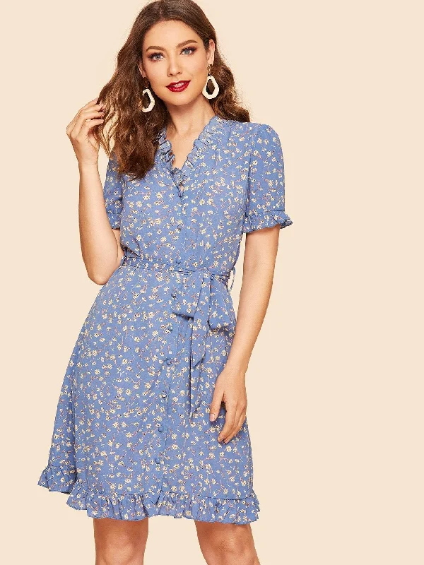 80s Frilled Trim Calico Print Dress