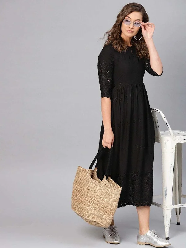 Black Embroidered Ethnic Motifs A-Line Dress