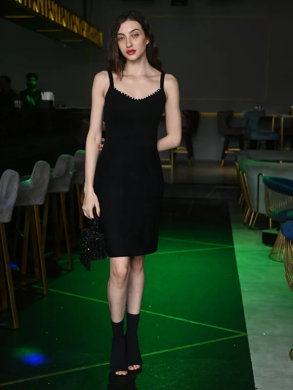 Odette Black Solid Cotton Knit Lycra Dress For Women