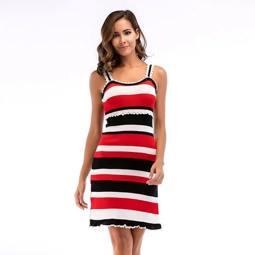 Small V-neck Skinny Split Buttock Stripe Sling Women Dresses