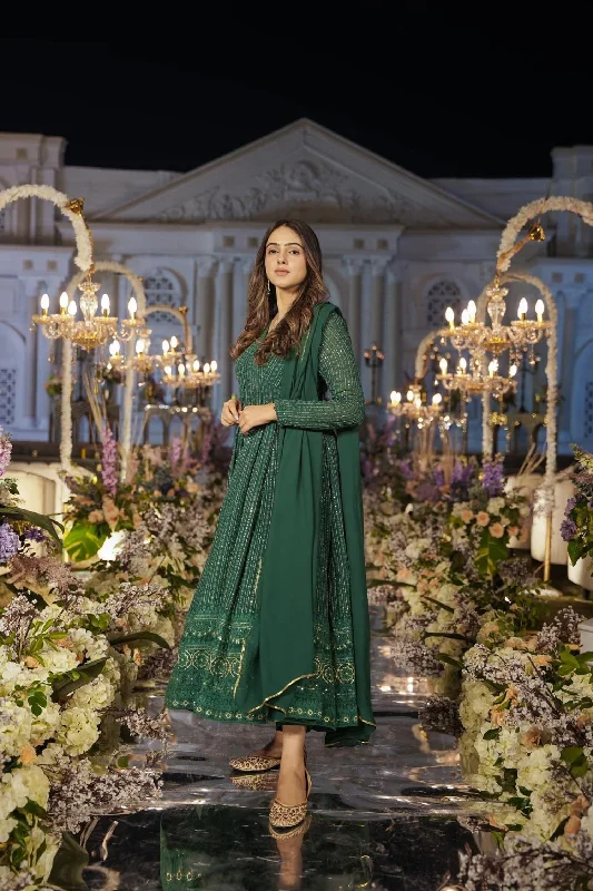 Sonakshi Women's Green Faux Georgette Zari Embroidery with Sequence Anarkali Dress with Dupatta