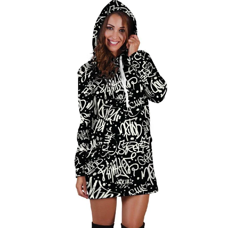 White And Black Graffiti Doodle Text Print Hoodie Dress
